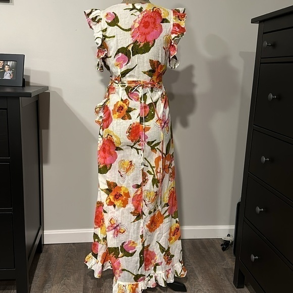 Debbie Katz South Beach white/orange/pink/yellow bright floral wrap dress medium - Picture 2 of 7